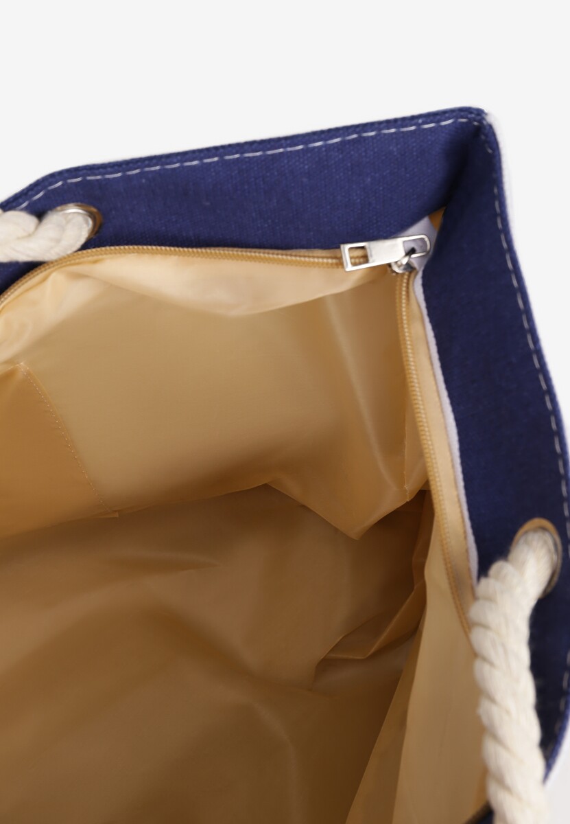 Granatowa Torebka Ozdobiona Sznurkiem Napisami i Paskami Revandellea