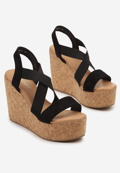 Czarne Sandały na Koturnie z Korka Fevalise