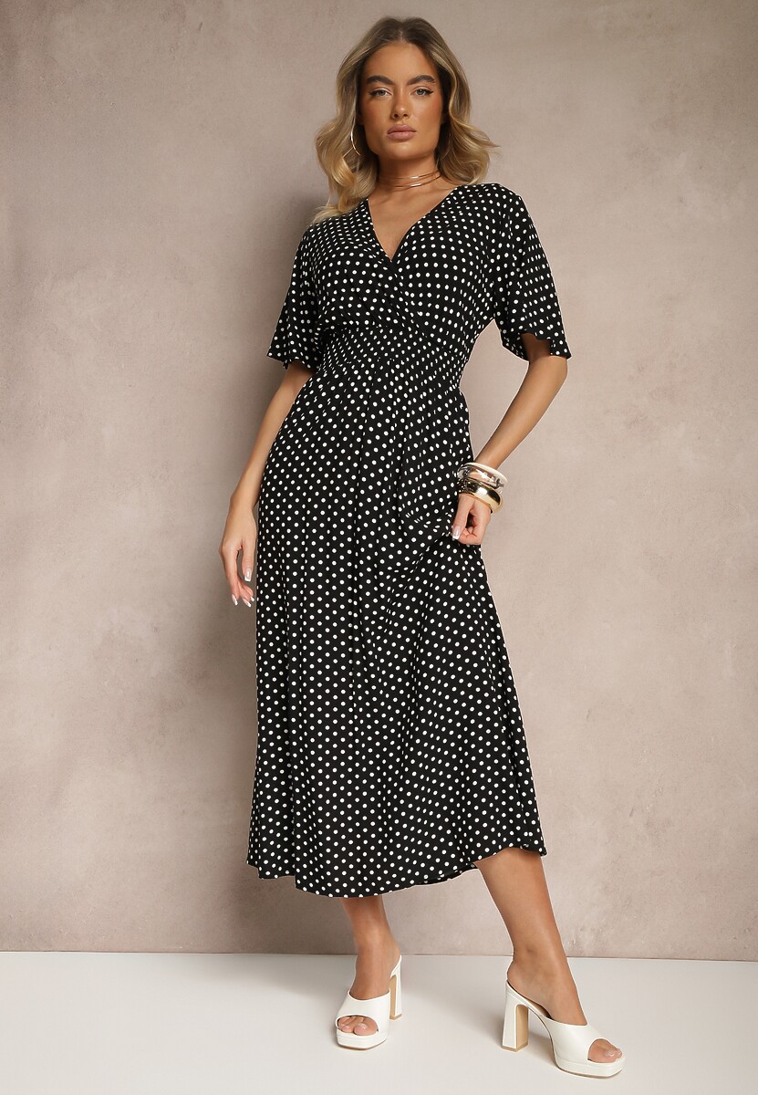 Czarna Sukienka z Bawełną i Kopertowym Dekoltem ze Wzorem w Kropki Ldivona