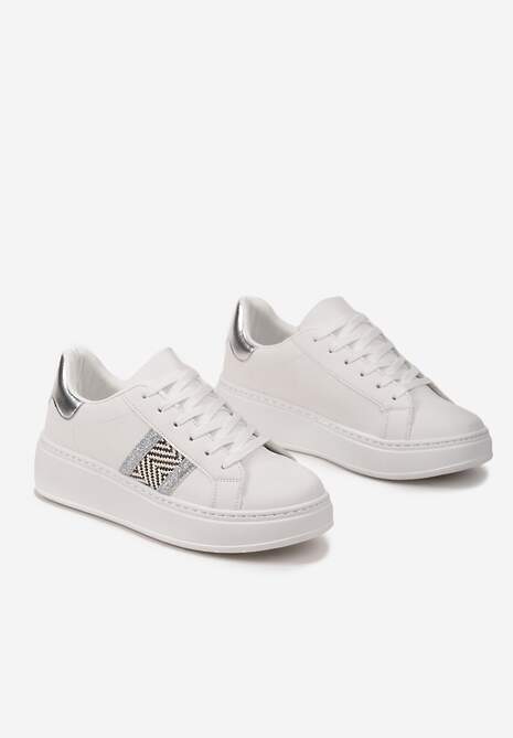 Biało-Srebrne Sneakersy z Metaliczną Wstawką na Grubej Podeszwie z Ozdobną Taśmą z Brokatem Qinessa