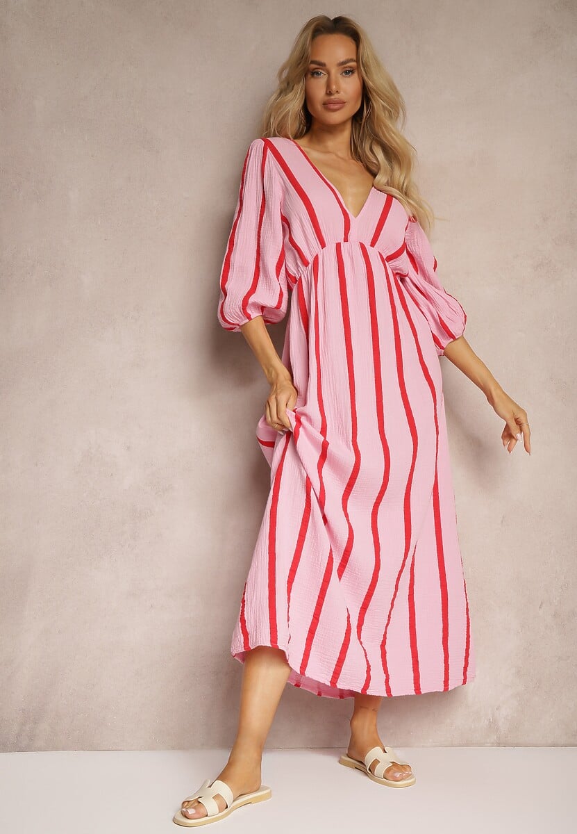 Różowo-Pomarańczowa Bawełniana Sukienka w Paski o Rozkloszowanym Kroju Legelia