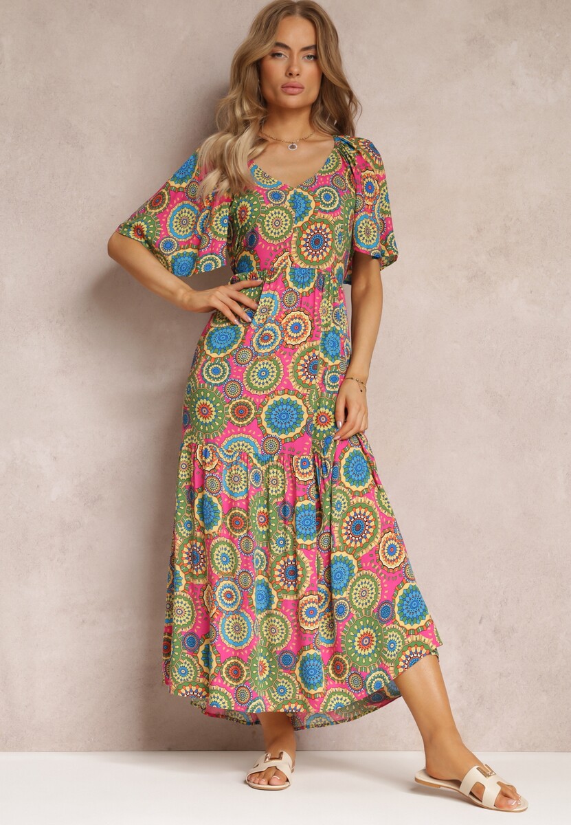 Fuksjowo-Zielona Wiskozowa Sukienka Maxi w Kwiaty z Rozkloszowanym Dołem i Falbanką Pathna