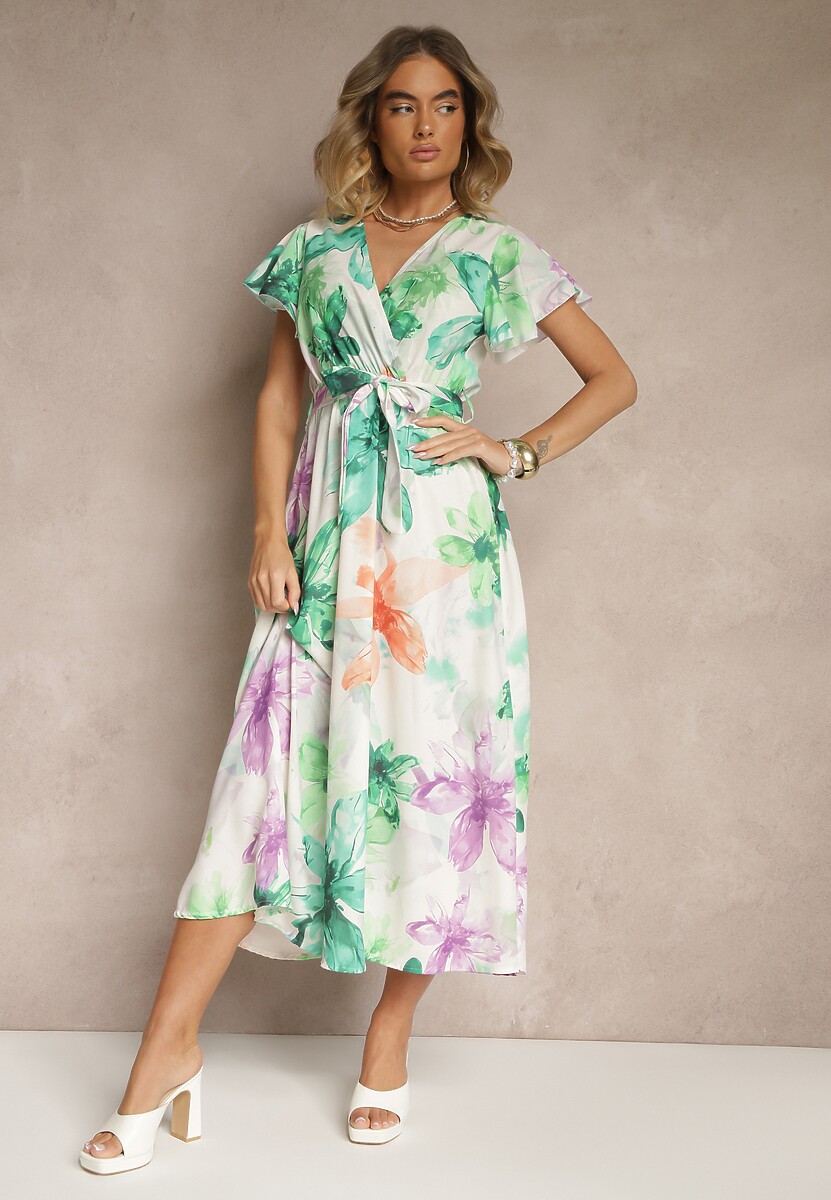 Fuksjowa Kopertowa Sukienka z Wiązanym Paskiem w Kwiatowy Wzór Redellira