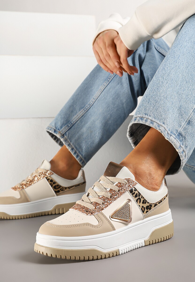 Różowo-Zielone Sneakersy z Perforacją Cyrkoniami i Brokatem Tillidara