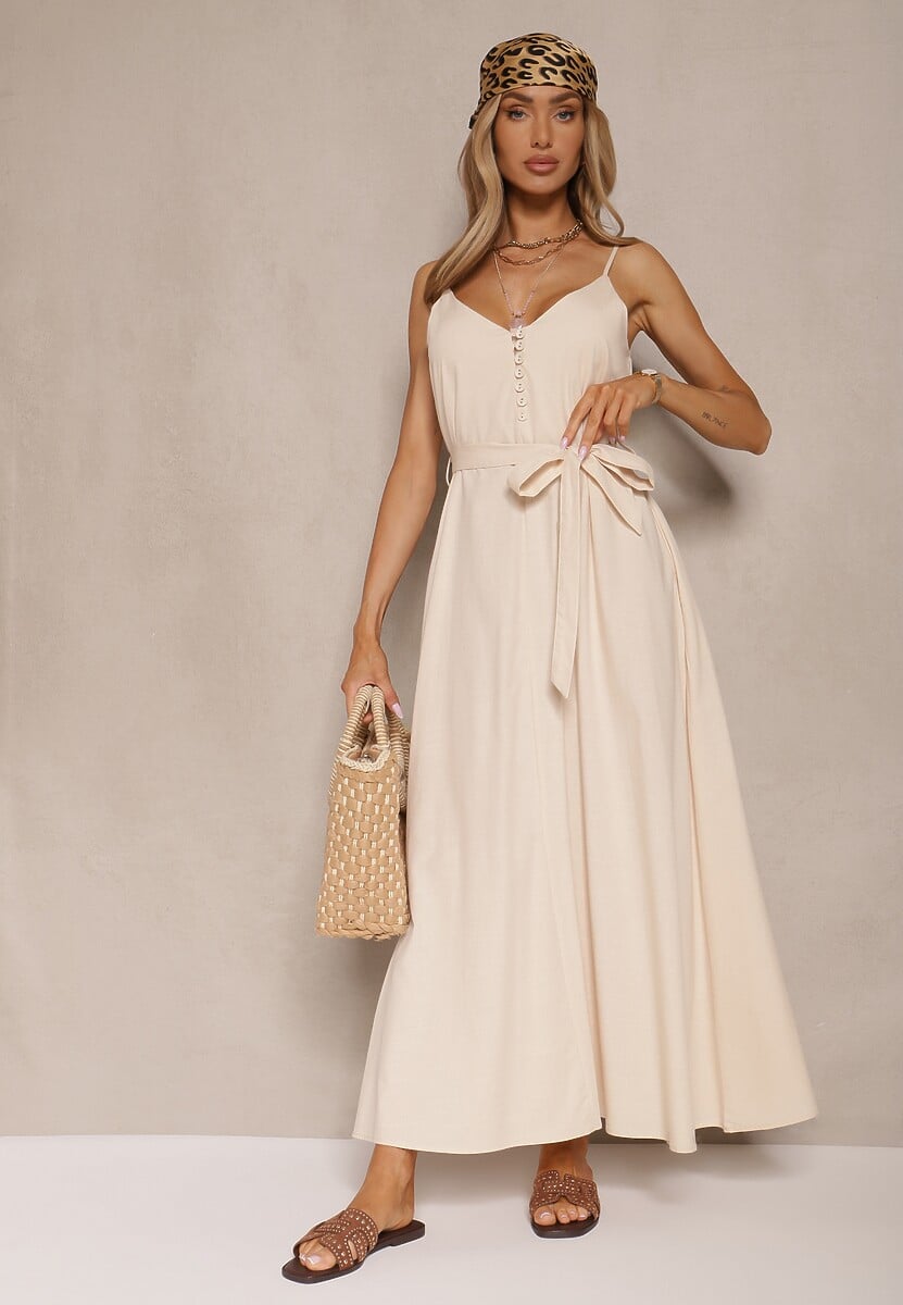 Beżowa Sukienka z Bawełną i Wiskozą z Ozdobnym Paskiem Savaine