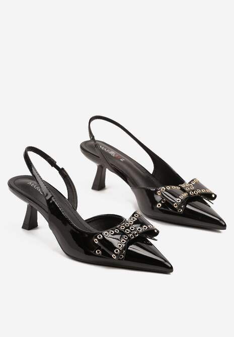 Czarne Lakierowane Sandały na Klepsydrowym Obcasie z Kokardą Davivora