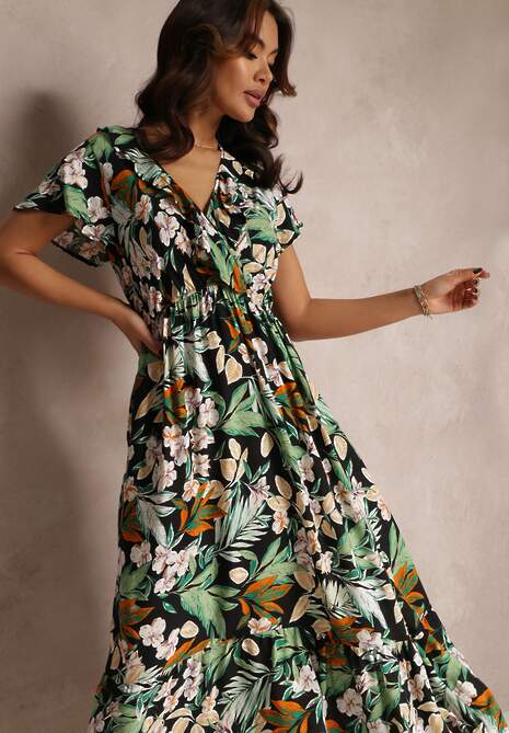 Zielono-Czarna Sukienka z Wiskozy Maxi w Kwiaty Mahiza