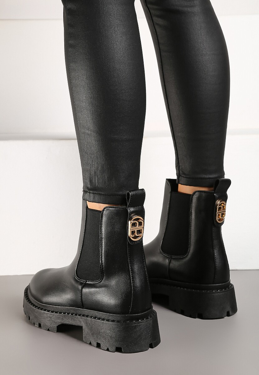 Czarne Botki na Platformie w Stylu Sztybletów z Gumką i Metalicznym Wykończeniem Lerives