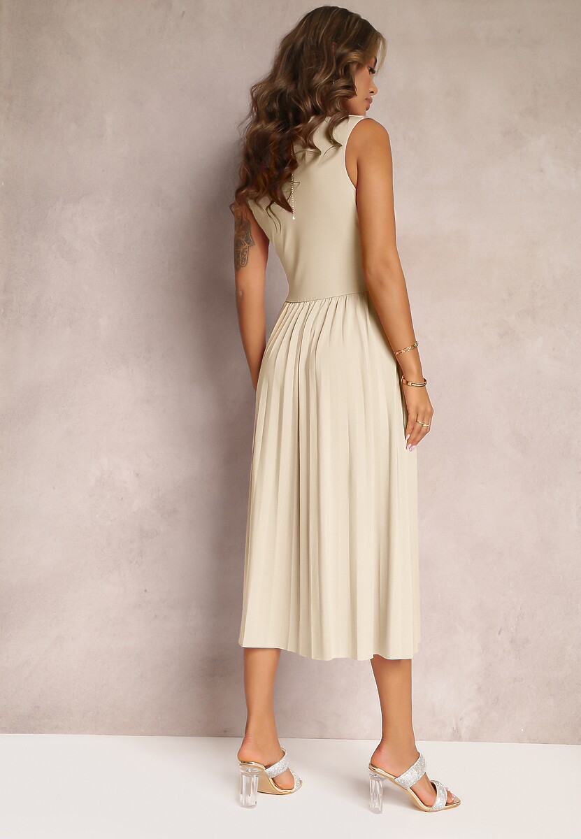 Beżowa Sukienka z Kopertowym Dekoltem i Plisowanym Dołem Anamarie