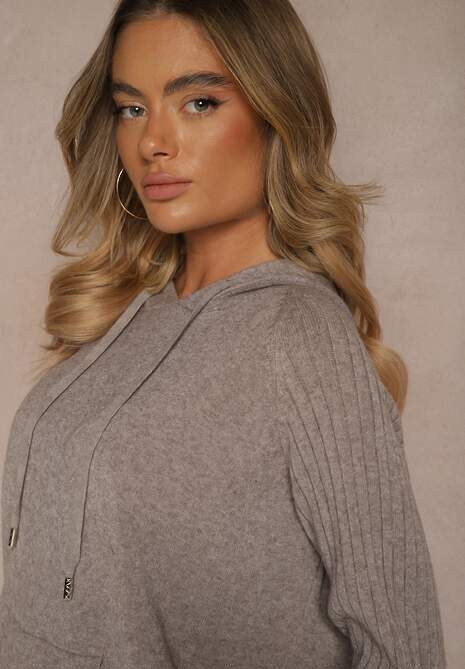 Ciemnobrązowy  Sweter z Wiskozą i Kaszmirem oraz z Kapturem Nerolin