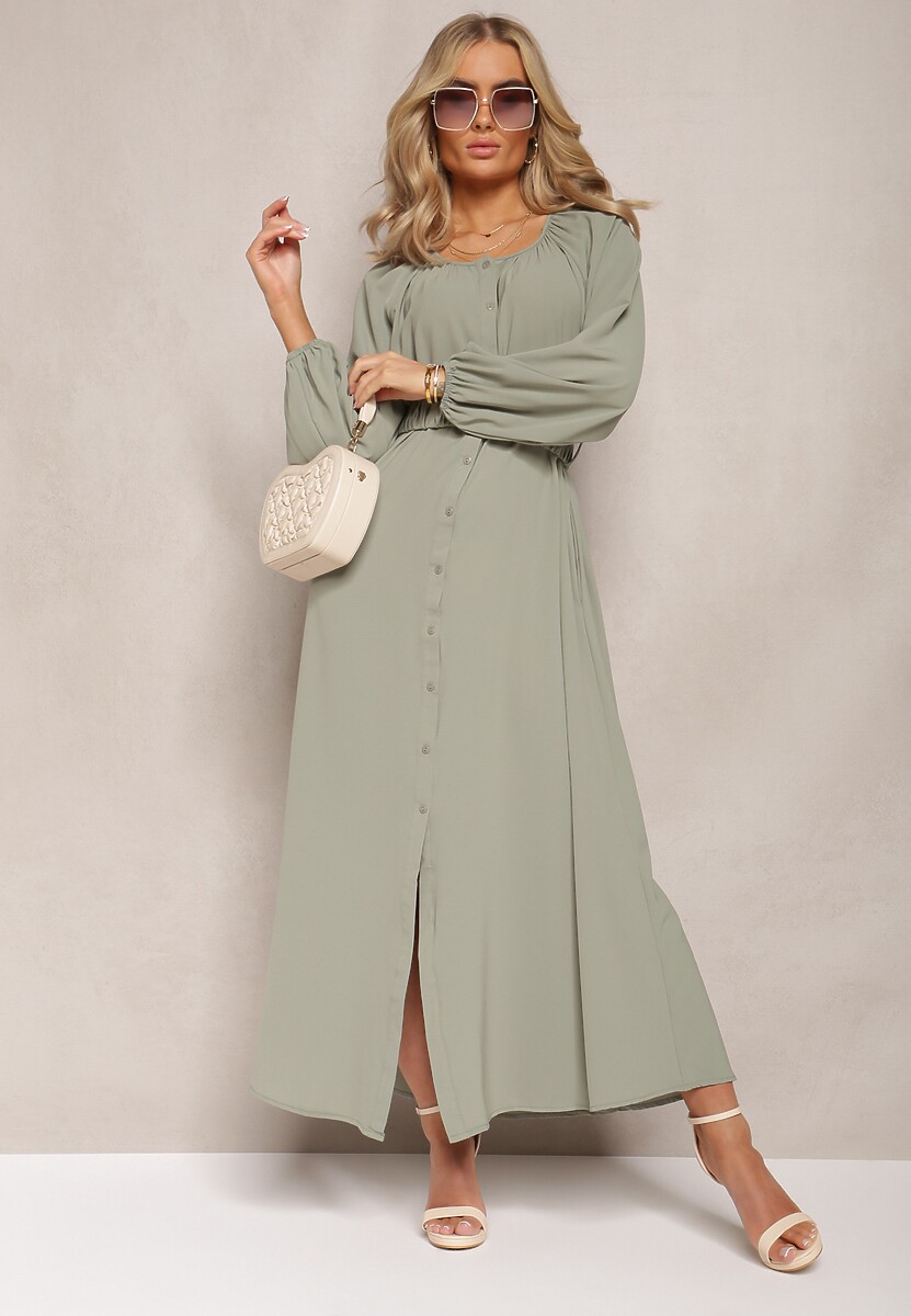 Ciemnozielona Sukienka Maxi o Swobodnym Kroju z Guzikami i Paskiem z Metaliczną Klamrą Ferian