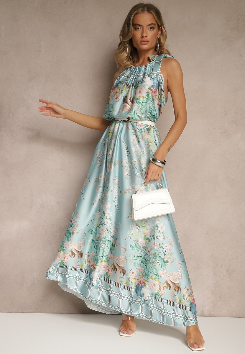 Jasnozielona Sukienka z Satyny Zdobiona Kwiatowym Wzorem i Wiązaniem Fenalesa