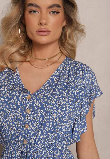 Niebieska Rozkloszowana Sukienka z Bawełny z Gumką w Pasie w Drobne Kwiaty Pulinea