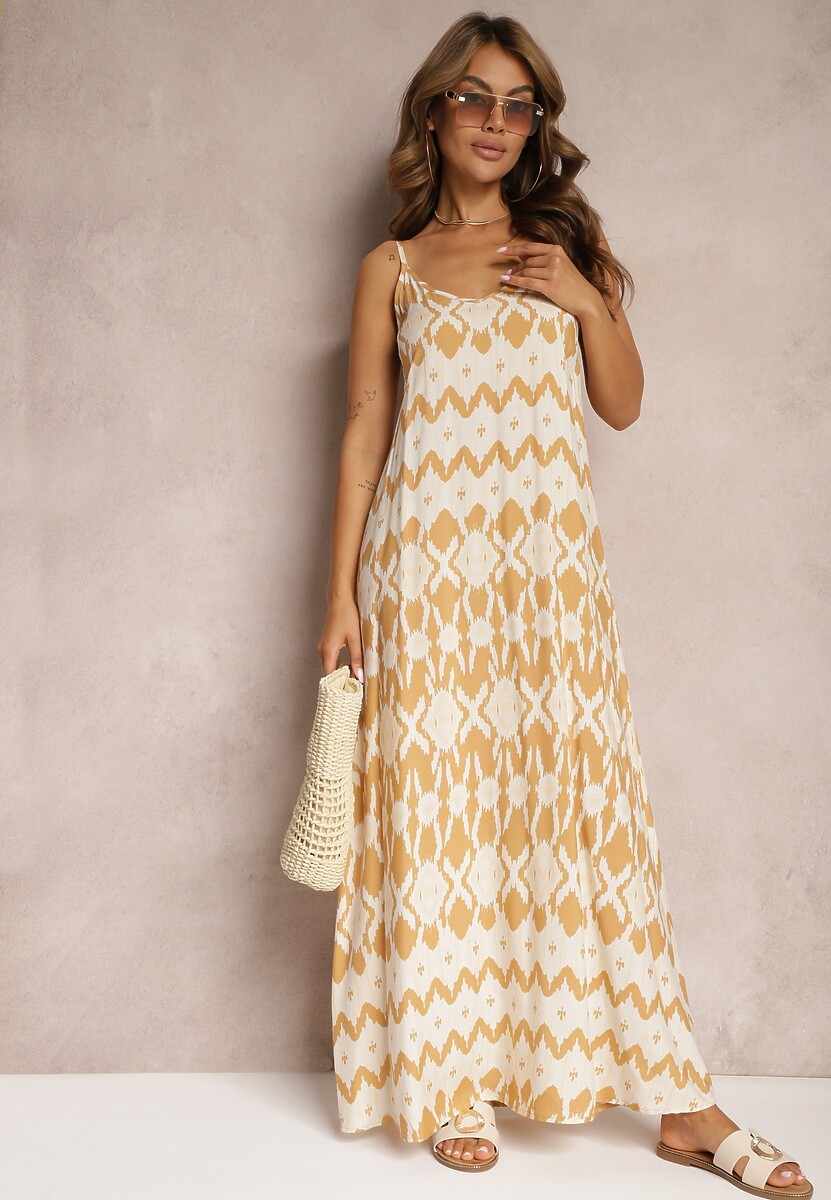 Zielona Sukienka z Wiskozy na Ramiączkach o Rozkloszowanym Kroju i Geometrycznym Wzorze Xervidia