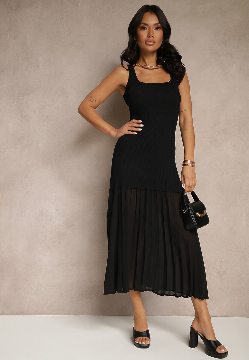 Czarna Taliowana Sukienka na Ramiączkach z Prążkowanej Tkaniny z Tiulem Nolzedi