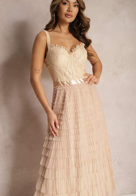 Beżowa Maxi Sukienka Rozkloszowana Sukienka na Ramiączkach z Gorsetową Górą Ocartia