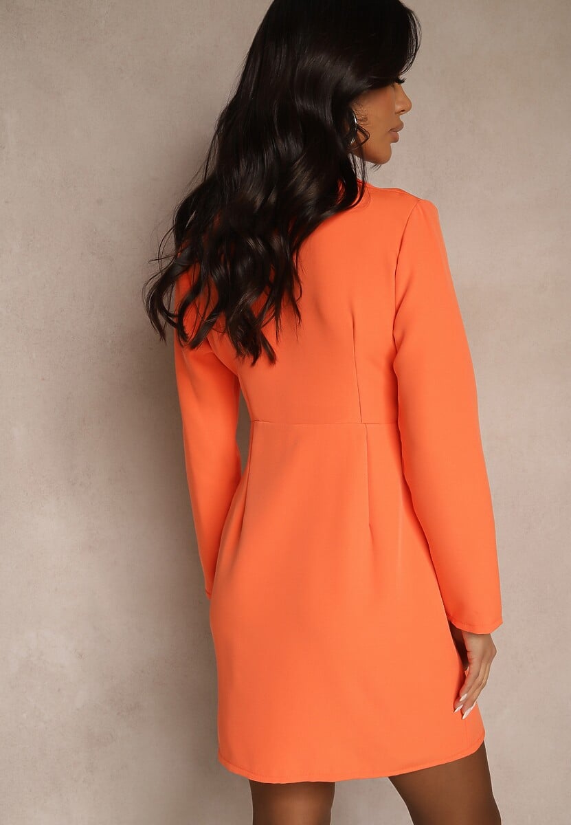Pomarańczowa Sukienka Mini w Stylu Marynarki z Długimi Rękawami Tansiwia