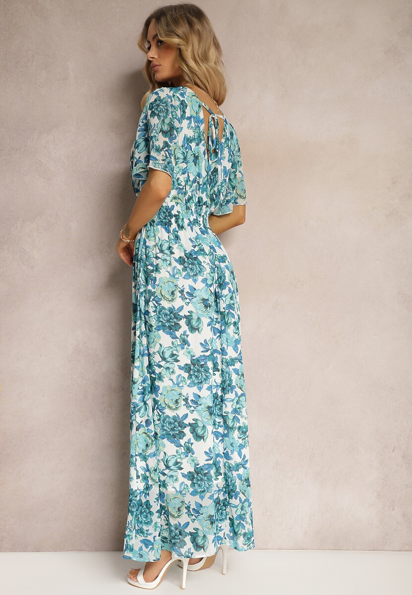 Biało-Niebieska Sukienka z Kopertowym Dekoltem z Gumką w Talii i Metaliczną Nicią Sollas