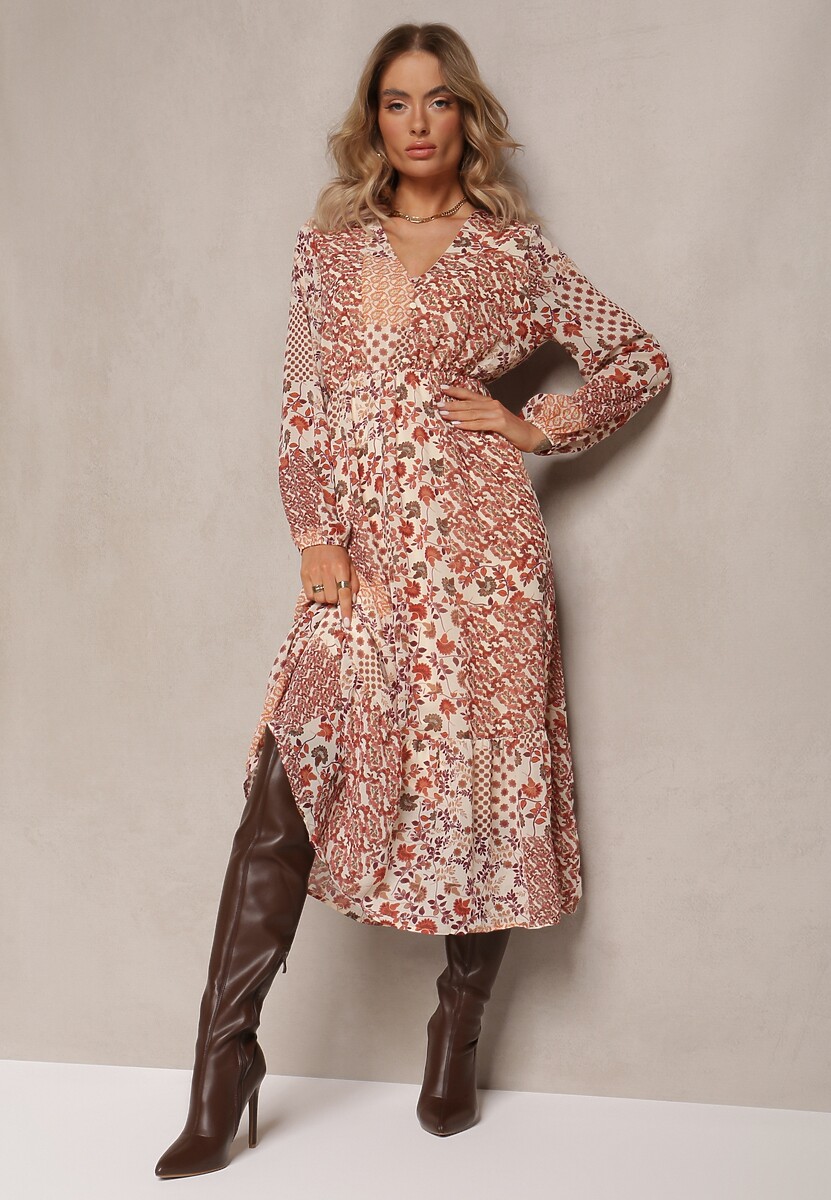 Beżowo-Różowa Sukienka Midi z Gumką w Talii i Falbanką Besslia