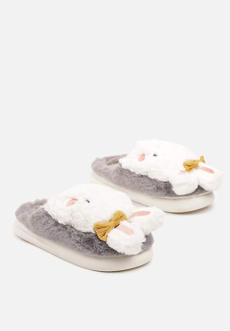 Szare Kapcie na Płaskiej Podeszwie Ozdobione Króliczkiem 3D Temiena