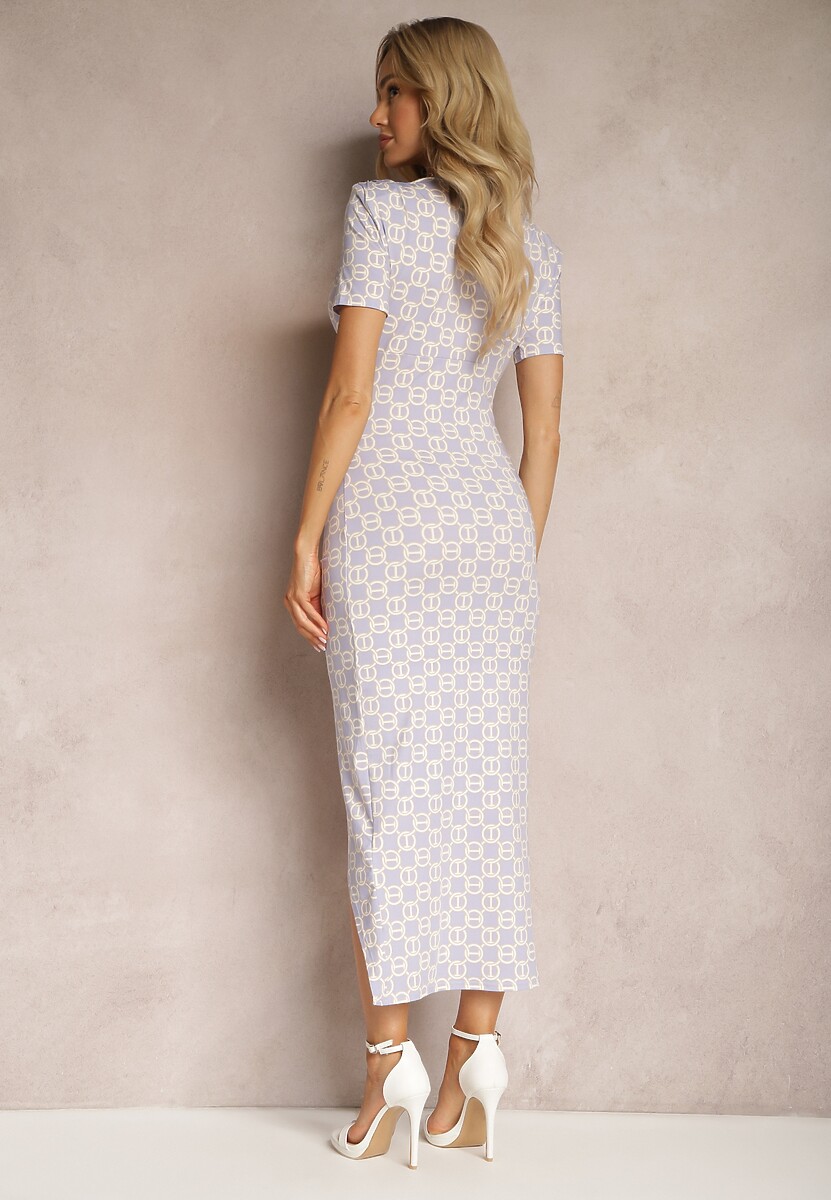 Fioletowa Sukienka Bodycon z Kopertowym Dekoltem Rozcięciem i Subtelnym Drapowaniem Zaleatie