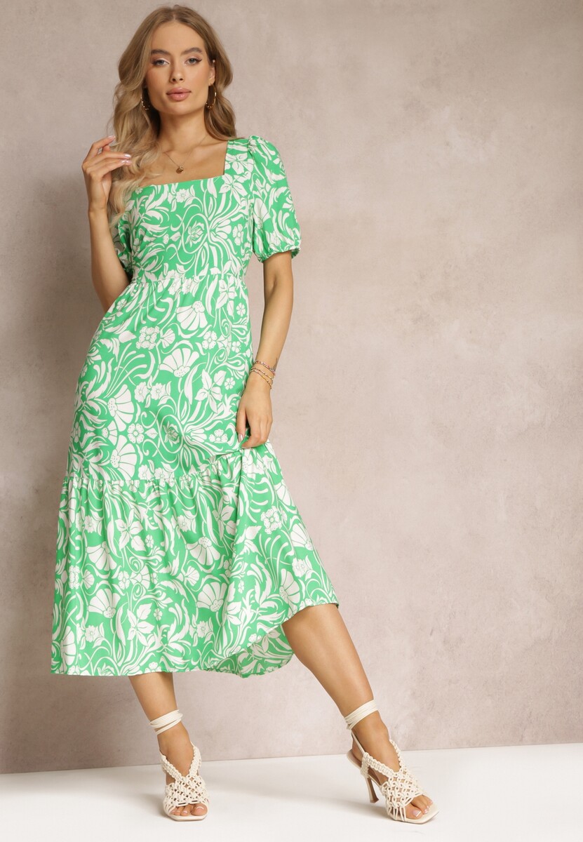 Jasnozielona Taliowana Sukienka Midi z Wiskozy w Kwiaty Alexanita
