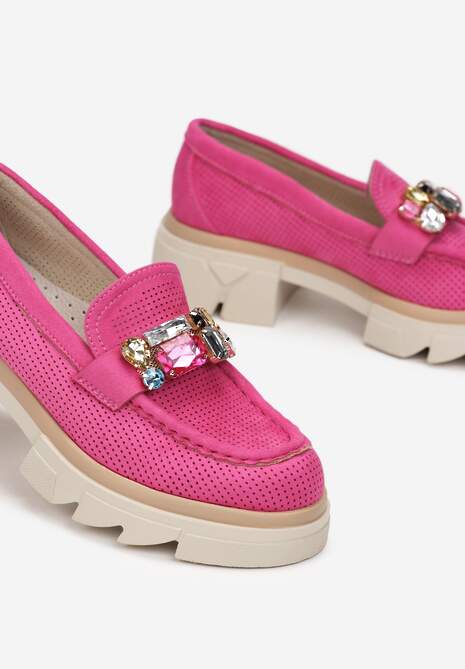 Fuksjowe Mokasyny z Kryształami i Wkładką ze Skóry Naturalnej Zaidy