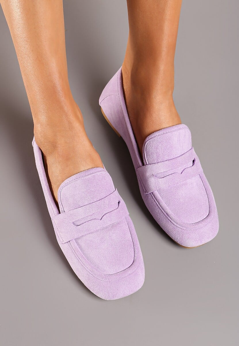 Jasnofioletowe Casualowe Wsuwane Mokasyny na Płaskiej Podeszwie z Ozdobnym Elementem na Przodzie Janesstia