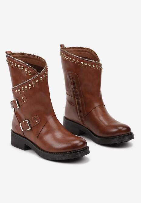 Brązowe Botki z Asymetryczną Cholewką w Motocyklowym Stylu z Klamrami i Nitami Marinisse