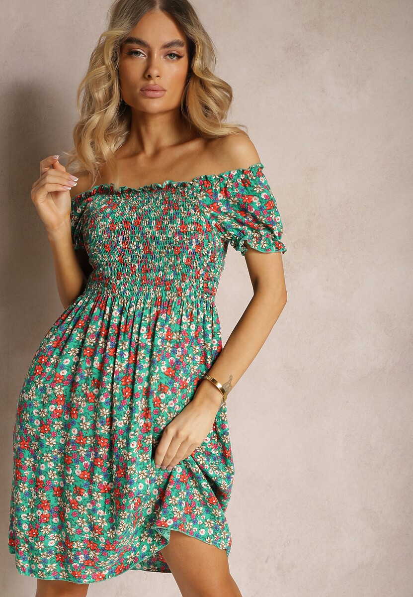 Biało-Różowa Hiszpanka Sukienka z Wiskozy w Kwiatowy Wzór z Gumką w Pasie Silemia