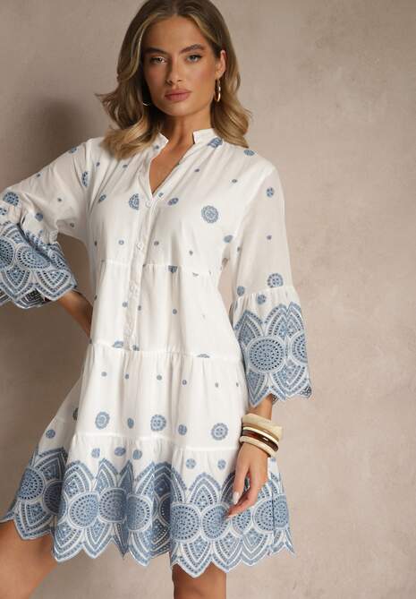 Biała Pudełkowa Sukienka z Bawełny Ozdobiona Ornamentnym Wzorem Rallanea