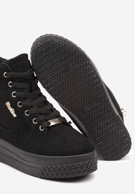 Czarno-Złote Sneakersy na Koturnie z Metalicznymi Detalami i Dodatkowym Suwakiem Dailise