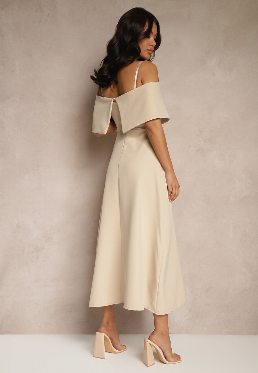 Beżowa Rozkloszowana Sukienka na Ramiączkach z Wywiniętym Dekoltem Jenavitia