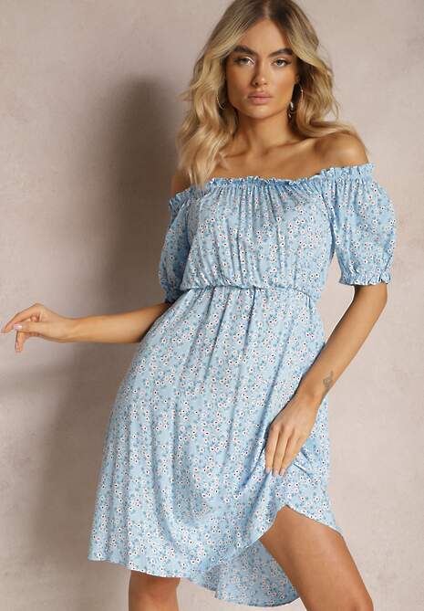 Niebieska Wiskozowa Sukienka Midi w Kwiatowy Wzór z Hiszpańskim Dekoltem Agirala