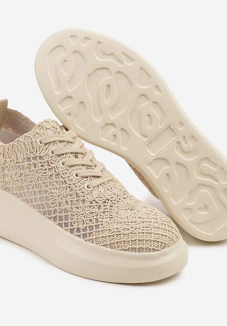 Beżowe Sneakersy Typu Tenisówki z Ażurową Cholewką i Skórzaną Wkładką Sonelis