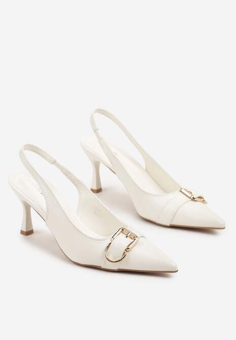 Białe Sandały na Szpilce Slingback Ozdobione Metaliczną Klamrą Zeornna