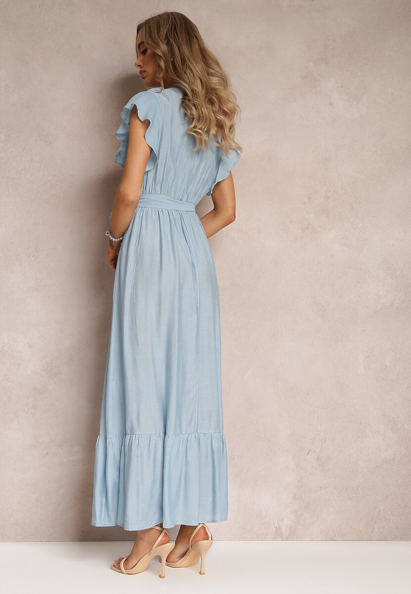 Niebieska Rozkloszowana Sukienka Maxi z Gumką w Talii Lavla