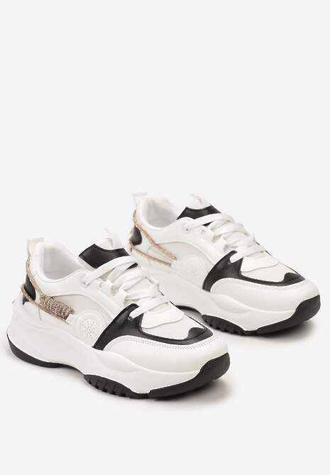 Biało-Czarne Sneakersy Ozdobione Sznureczkiem z Cyrkoniami Blekkia