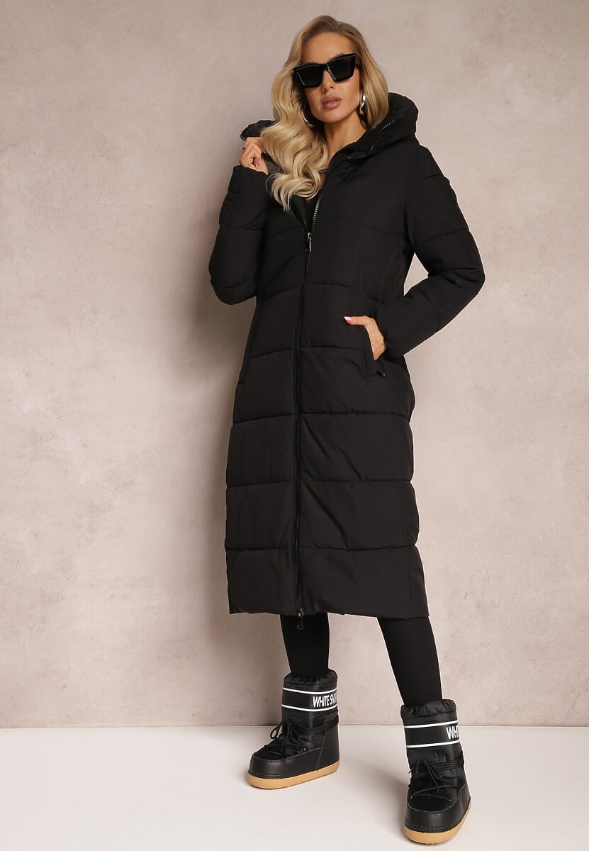 Czarna Długa Kurtka Pikowana Płaszcz Mocno Ocieplona z Nieodpinanym Kapturem Naliope