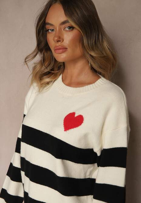 Jasnobeżowy Prosty Sweter z Domieszką Kaszmiru Zdobiony Wzorem w Pasy Tarvane