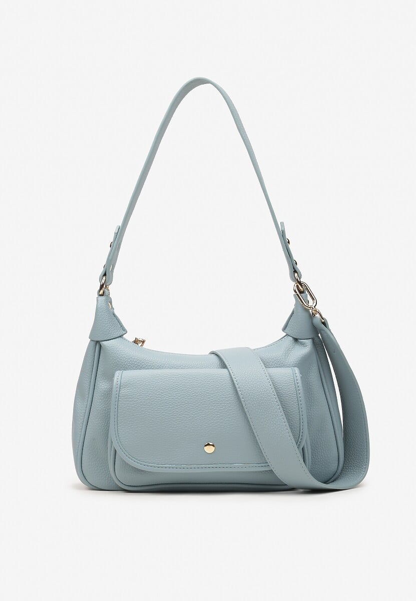 Jasnoniebieska Torebka z Ekoskóry z Naszytą Kieszonką i Metalicznymi Detalami Nibeni