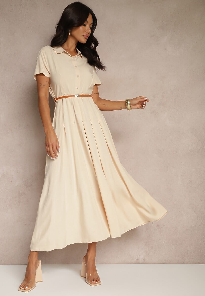 Beżowa Koszulowa Sukienka z Wiskozy z Cienkim Paskiem Filanella