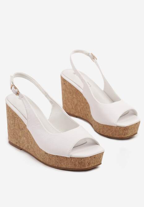 Białe Sandały na Korkowej Platformie i Koturnie z Wkładką ze Skóry Naturalnej Natoni
