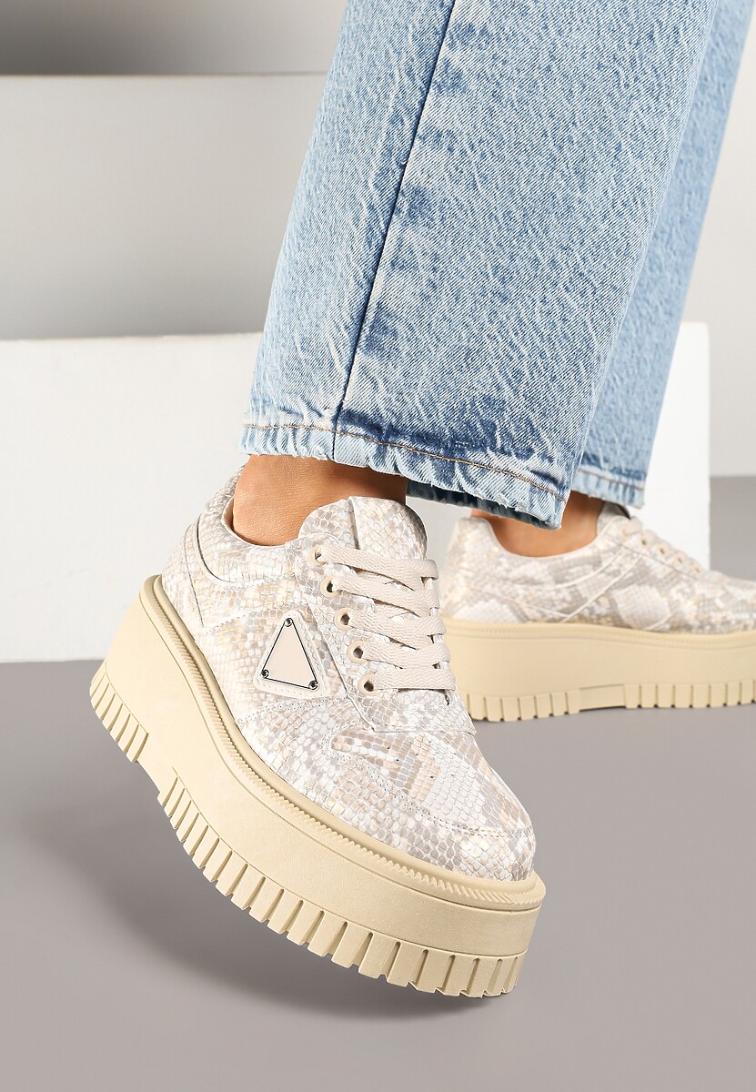 Beżowe Sneakersy na Platformie z Tłoczeniem Ozdobione Wężowym Printem Halinea