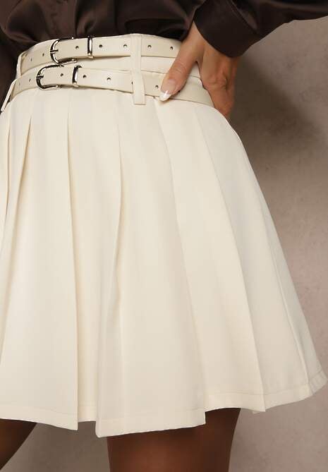 Jasnobeżowa Rozkloszowana Spódnica z Bawełny z Paskami ze Sprzączkami Bayla