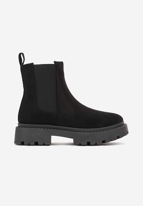 Czarne Botki Sztyblety z Imitacji Zamszu na Grubej Podeszwie Gosoga