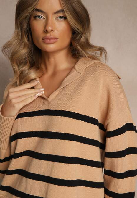 Beżowo-Czarny Sweter w Paski z Dekoltem w Serek z Kołnierzykiem Ralinavia
