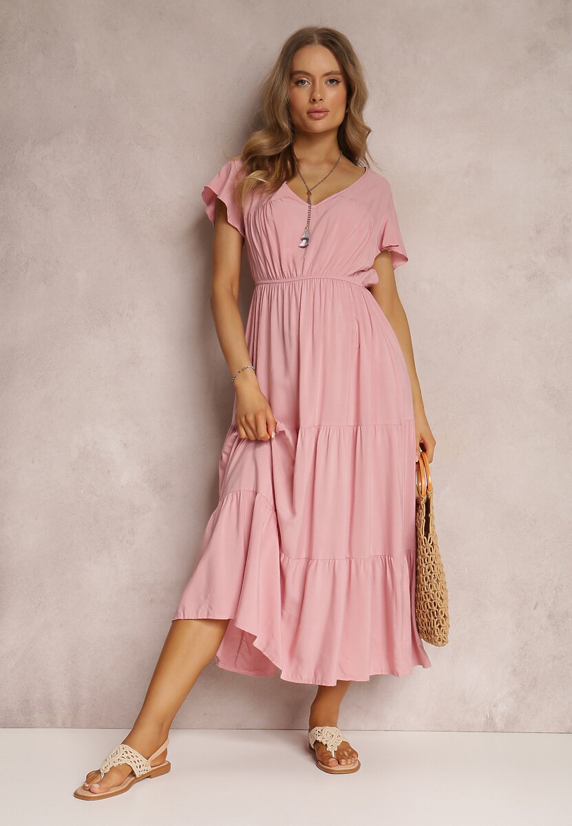 Czerwona Sukienka z Wiskozy o Rozkloszowanym Kroju z Falbanami Jonmy