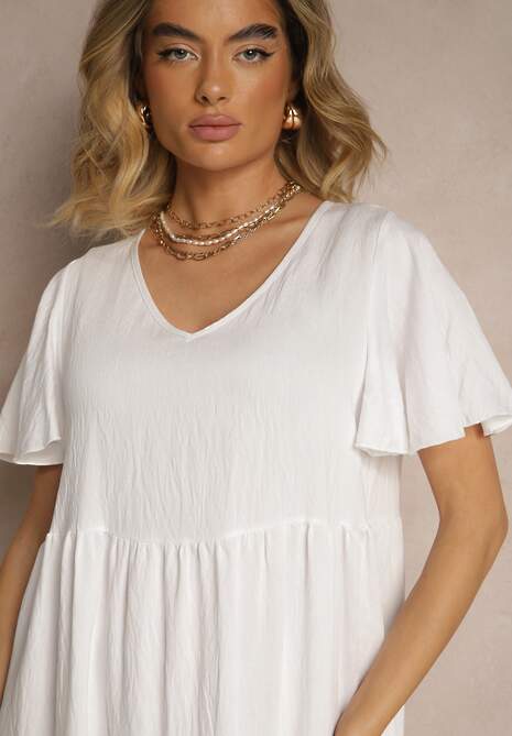 Biała Rozkloszowana Sukienka z Wiskozy z Dekoltem w Serek Natasella