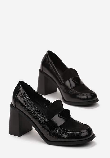 Czarne Lakierowane Półbuty na Słupku Finave